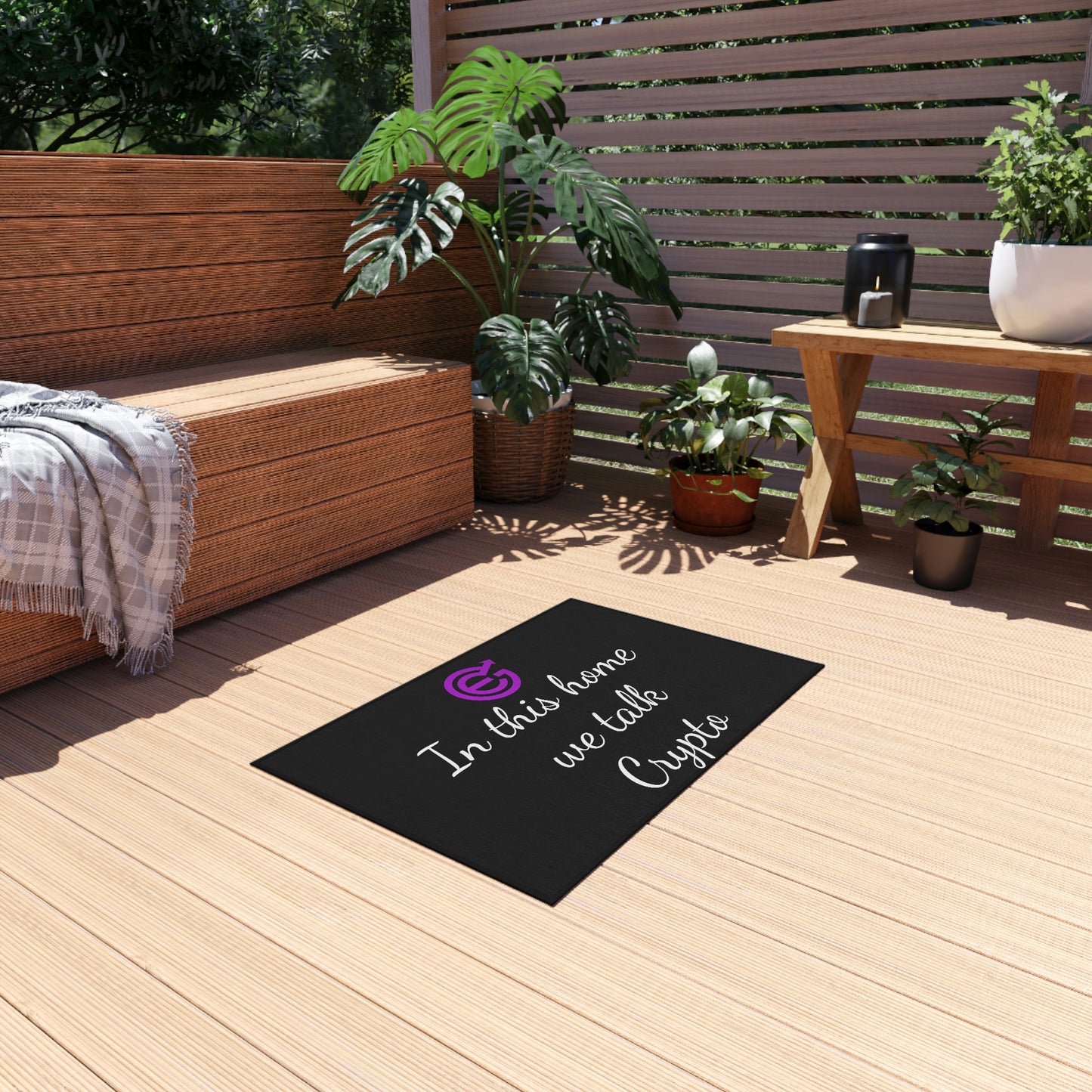 USA - Outdoor Rug - EverGrow logo with “In this home we talk Crypto”