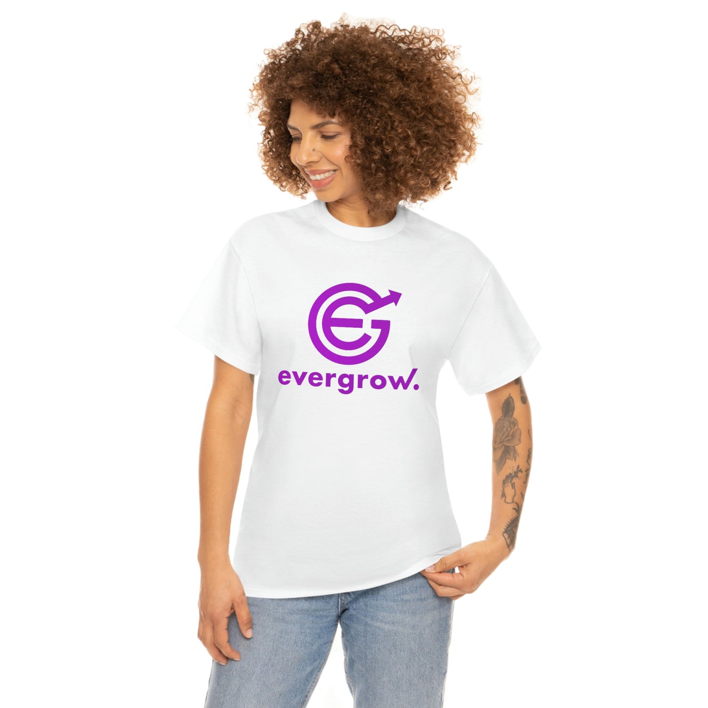 USA - Unisex Heavy Cotton Tee in white with purple EGC logo and evergrow in purple